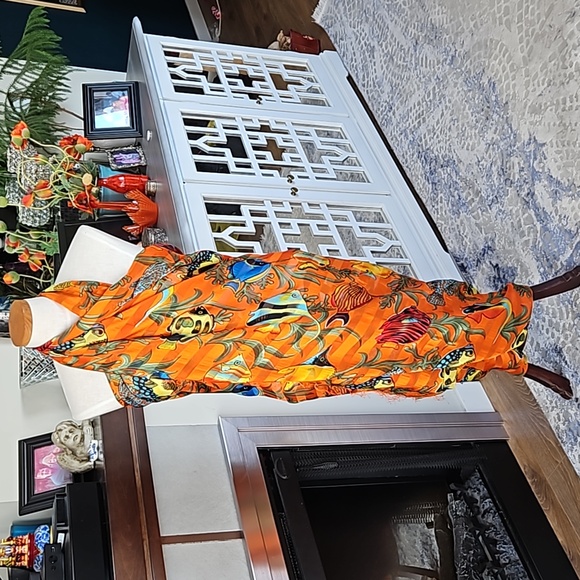 Large Scarf, wrap, or Beach cover up. Orange with colorful fish design. - Picture 2 of 6